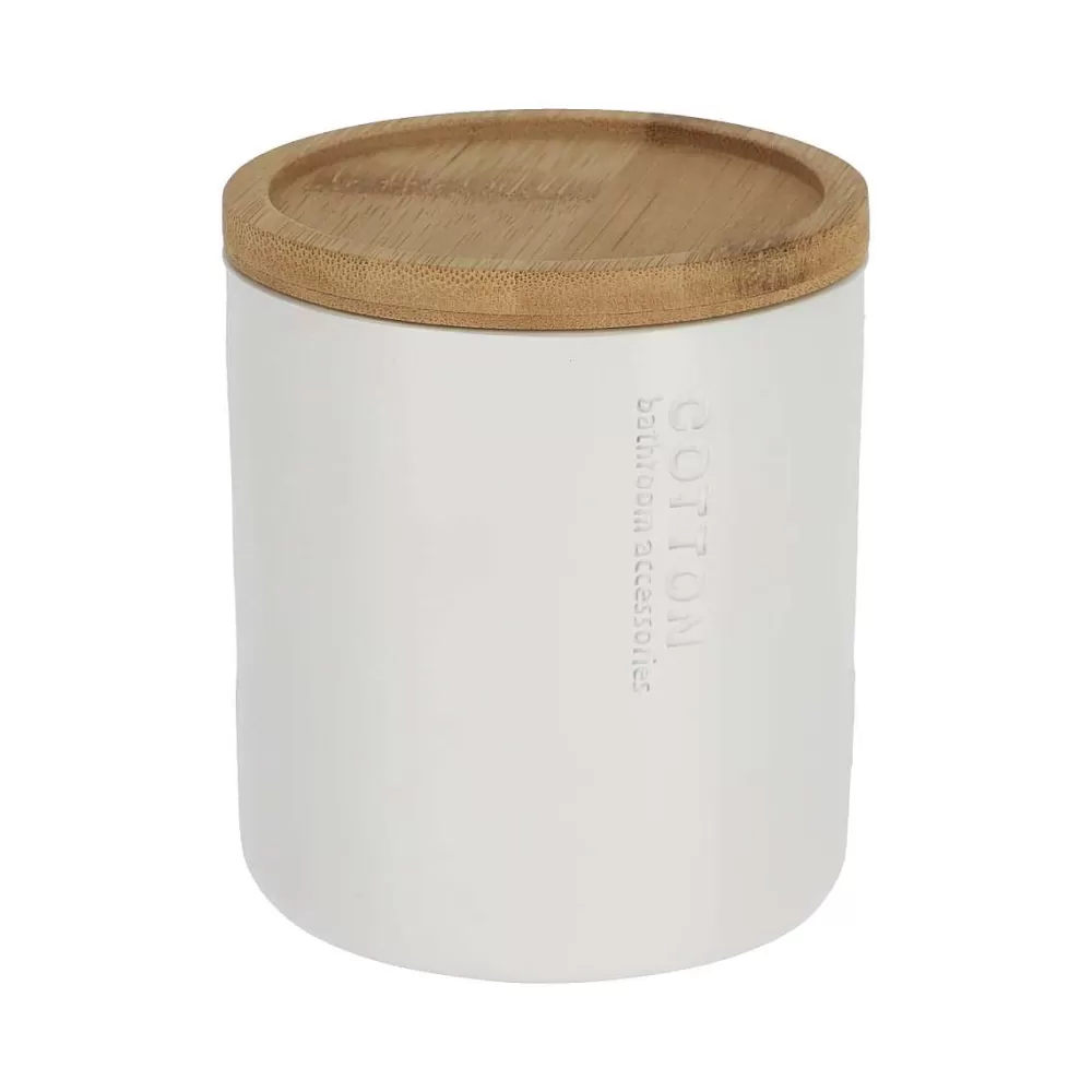 Accessoires De Salle De Bain | * Boîte A Coton Polyresine Couvercle Bambou Blanc Bambou