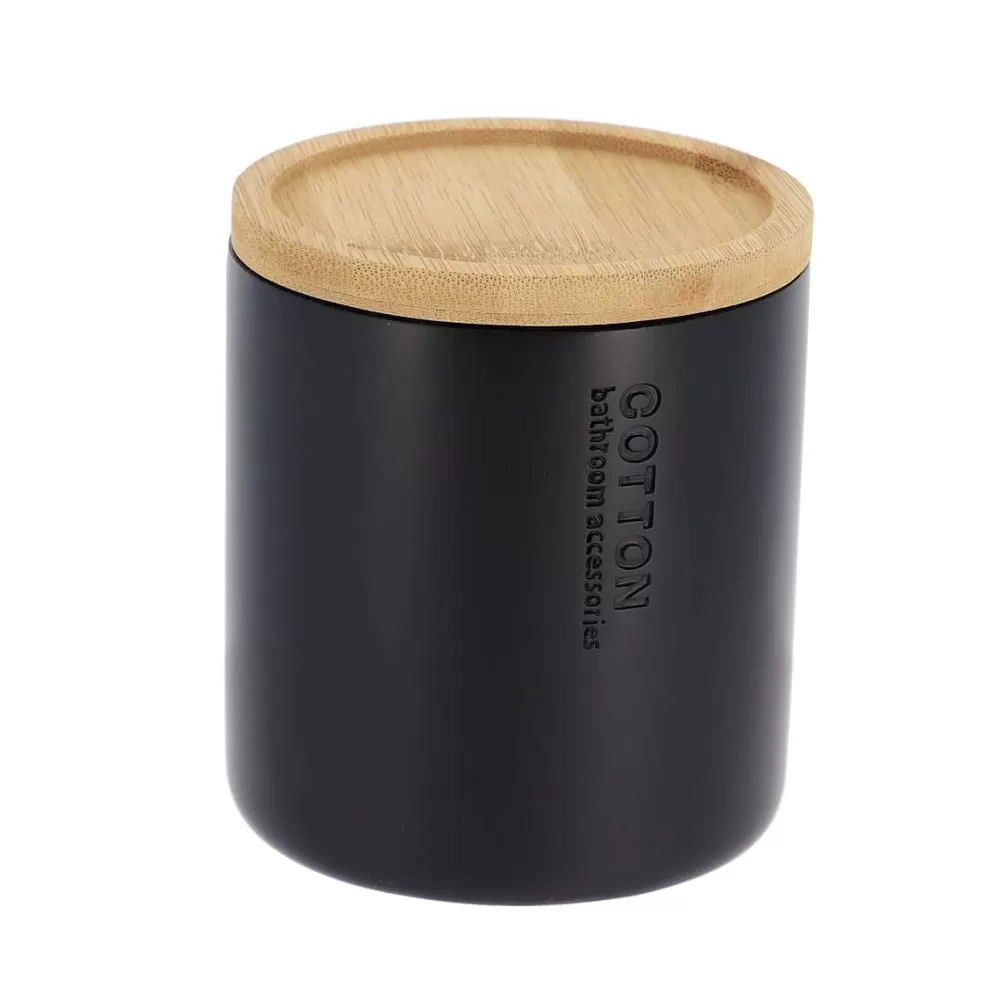 Accessoires De Salle De Bain | * Boîte A Coton Polyresine Couvercle Bambou Noir Bambou