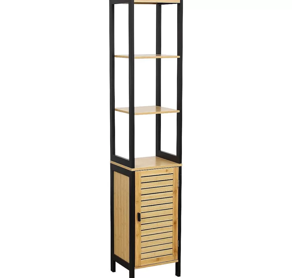* Meubles Salle De Bain>Colonne Bambou 1 Porte Poignee Metal 3 Niches Noir Bambou