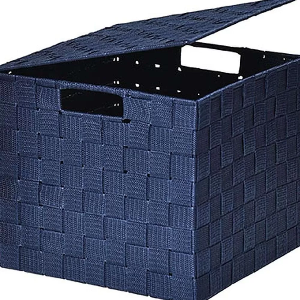 Rangements Deco | * Panier Carre Polyester Avec Couvercle Bleu Marine Taille L