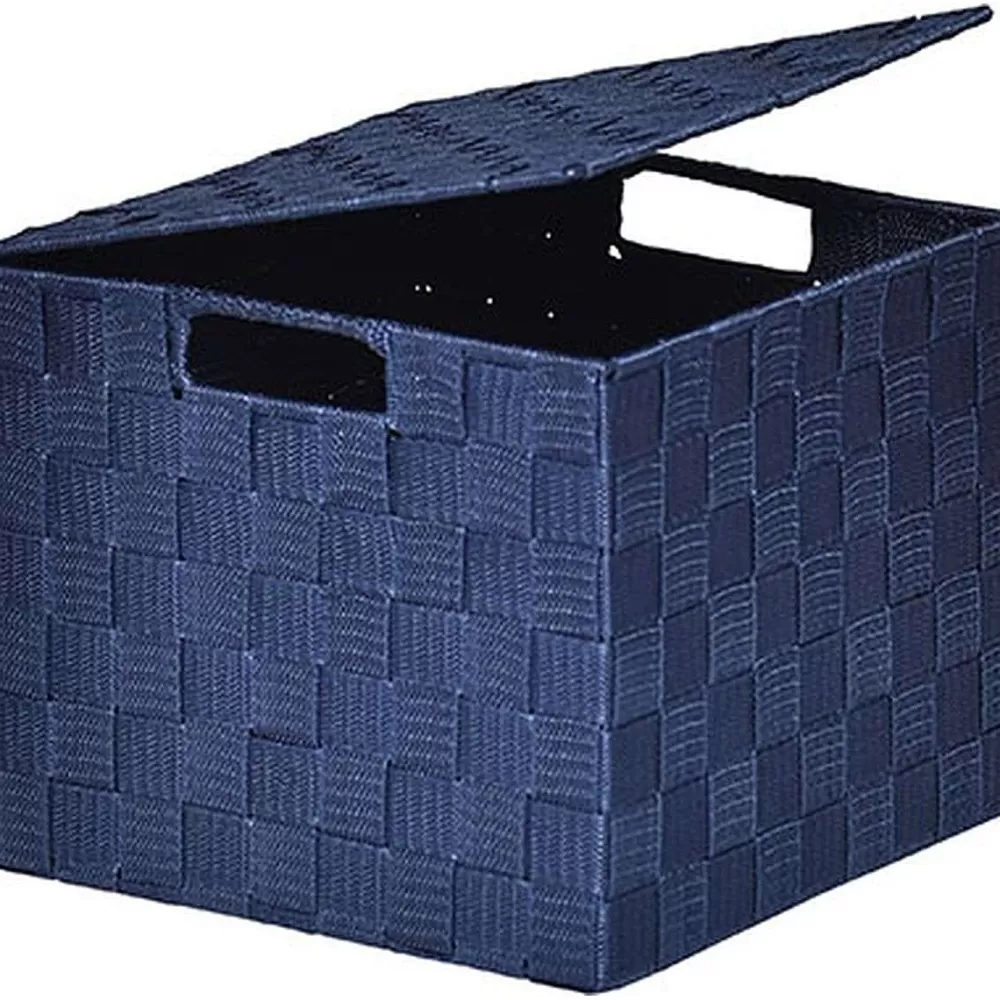 Rangements Deco | * Panier Carre Polyester Avec Couvercle Bleu Marine Taille M
